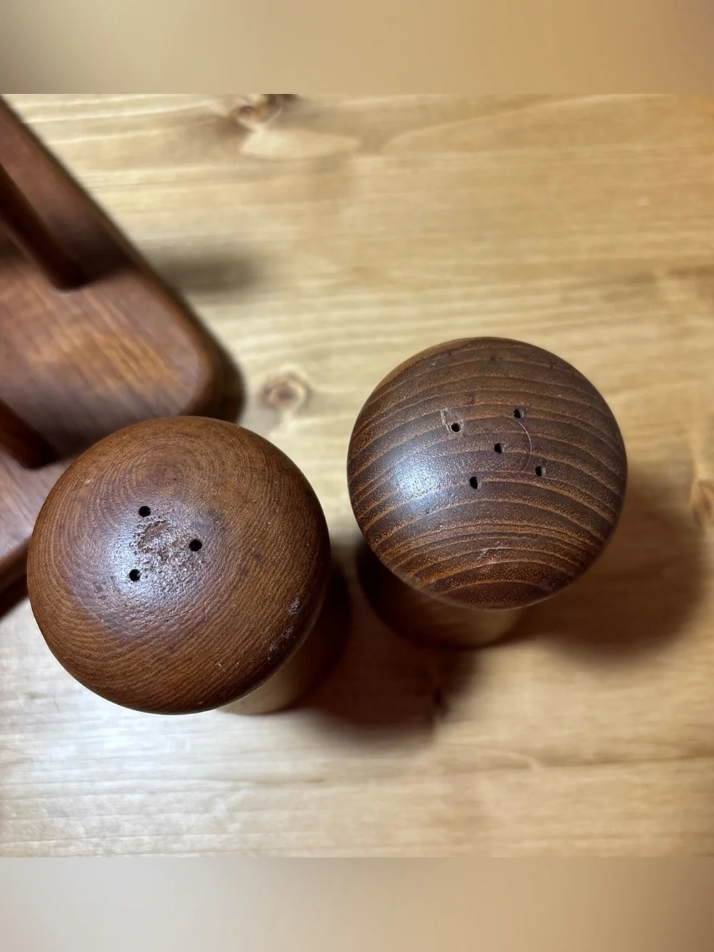 Vintage Teak Napkin Holder with Salt Shaker & Pepper Mill